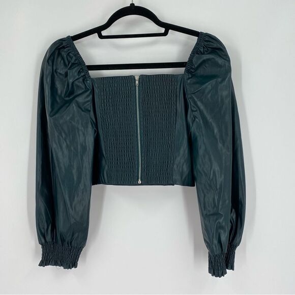 7 for All ManKind Square Neck Long Puffer Sleeve Faux Leather Cropped Blouse M - Picture 3 of 3